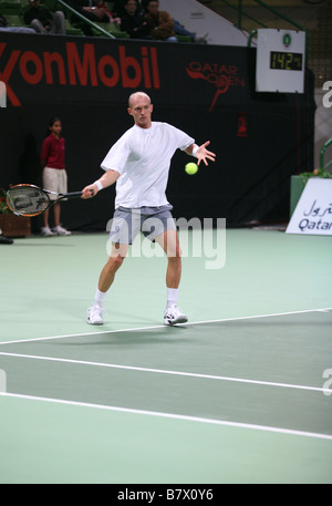 Russian star Nikolai Davydenko playing in Doha Qatar on January 5 2007 in the Qatar ExxonMobil Open tennis tournament Stock Photo