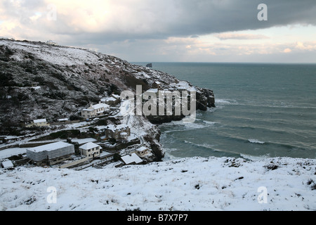 Snow covered Trevaunance Cove, St Agnes, Cornwall, UK Stock Photo