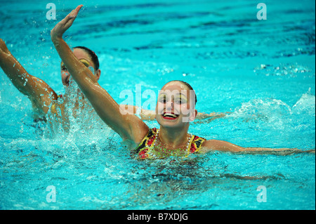 Anastasia Davydova Anastasia Ermakova RUS AUGUST 18 2008 Synchronized Swimming during the Beijing 2008 Summer Olympic Games Duet Technical Routine Preliminary at National Aquatics Center Water Cube Beijing China Photo by Jun Tsukida AFLO SPORT 0003 Stock Photo