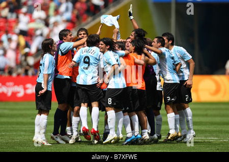 Argentina team group ARG AUGUST 23 2008 Football Beijing 2008 Olympic Games Argentina Celebrates winning the Mens Football Final match against Nigeria at National Stadium Birds Nest in Beijing China Photo by Daiju Kitamura AFLO SPORT 1045 Stock Photo
