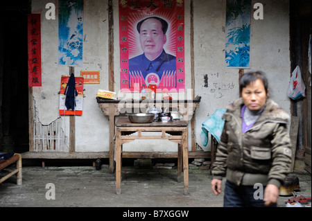 Portrait of Mao Zedong at a family altars in a village of Jiangxi, China. 02-Feb-2009 Stock Photo