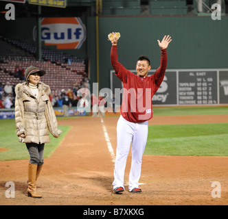 Daisuke Matsuzaka Red Sox Tomoyo Shibata OCTOBER 6 2008 MLB Boston Red Sox Daisuke Matsuzaka R and his wife Tomoyo celebrate after winning the MLB American League Division Series playoff game against the Los Angeles Angels of Anaheim at Fenway Park in Boston MA USA Photo by AFLO 2324 Stock Photo
