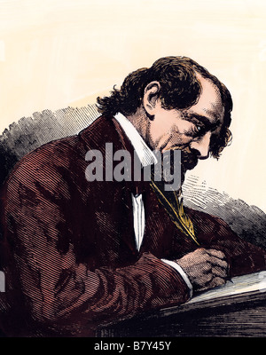 Charles Dickens at his writing desk. Hand-colored woodcut Stock Photo