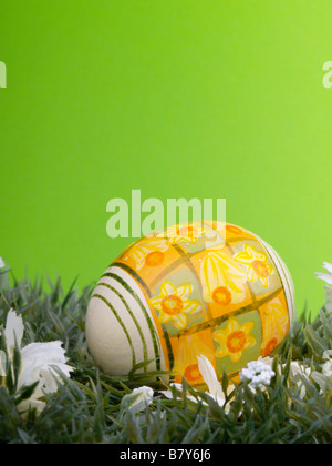 handpainted daffodil design on easter egg artificial grass and blossoms green background Stock Photo