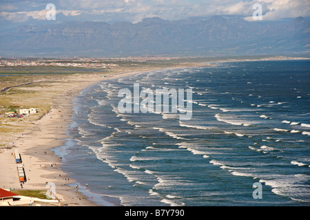 View along Muizenberg and strandfontein beaches in False Bay along Cape Town's Indian Ocean coastline. Stock Photo