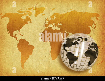3D render of a globe on a grunge world map background Stock Photo
