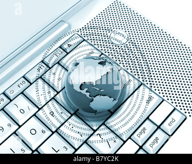 Keyboard on world map background with symbols Stock Photo - Alamy