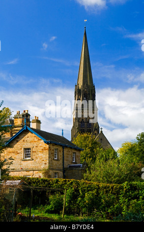 Spire of St Peter's Church in Edensor village near Bakewell in the Derbyshire Peak District England UK Stock Photo