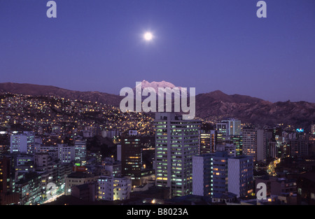 Full moon rise over Mt Illimani and central La Paz, Bolivia