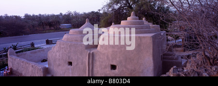 Panoramic shot of Al Bidya mosque (also called Ottoman mosque) near Dibba town, Fujairah, United Arab Emirates. Stock Photo