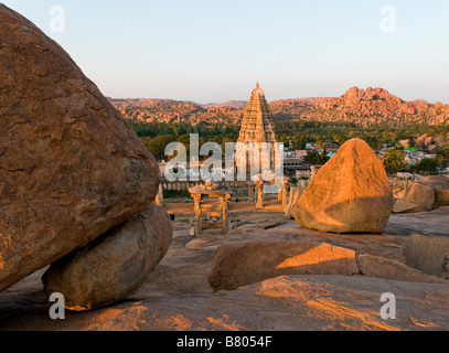 The Virupaksha Temple viewed from Hermakuta Hill in Hampi India Stock Photo