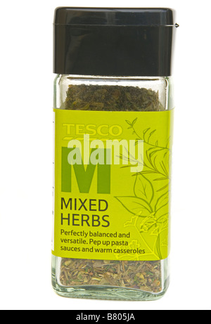 Glass Jar of Tesco Mixed Herbs Tesco products Stock Photo