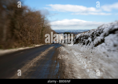 Snowy country lane. Devon near Exeter. England Stock Photo