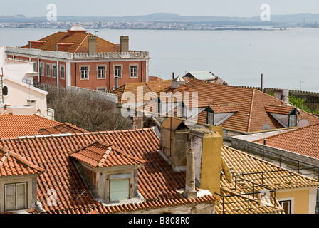 Bairro Alfama and Tejo River, view from Castelo Sao Jorge, Lisbon Portugal, April 2006 Stock Photo