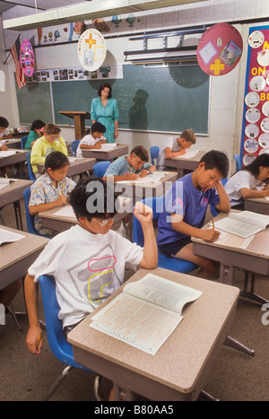Junior high school students take state achievement test in class Stock Photo