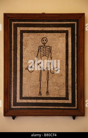 Momento mori. Skeleton with Two Pots. Mosaic from the House of the Faun in Pompeii in the National Archaeological Museum in Naples, Italy. Stock Photo