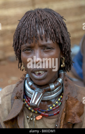 Portrait of a Hamer tribal women Dimeka Omovalley Ethiopia Africa Stock Photo