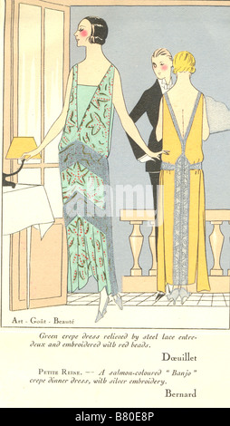 Handcoloured fashion plate from Art-Gout-Beaute for April 1923 showing couturier dresses for evening by Doeuillet and Bernard Stock Photo