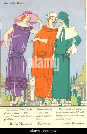 Handcoloured fashion plate from Art-Gout-Beaute for April 1923 showing couturier dresses from Berthe Hermance and Molyneux Stock Photo