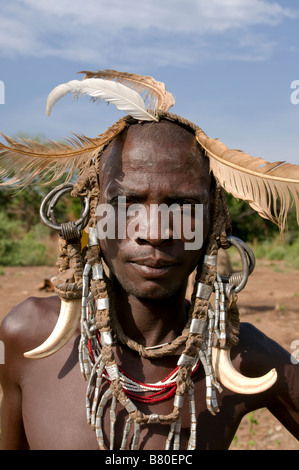 Man, tribe Mursi, lip plate, headdress, Mago national park, southern ...