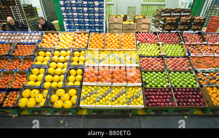 large display of fruits at New Covent Garden Fruit and Vegetables wholesale Market London UK Stock Photo
