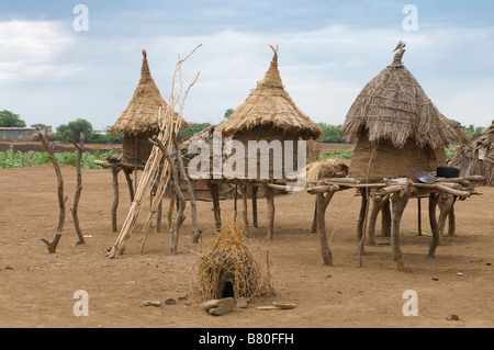 Little storage houses from the tribe of the Dasanech Omovalley Ethiopia Africa Stock Photo