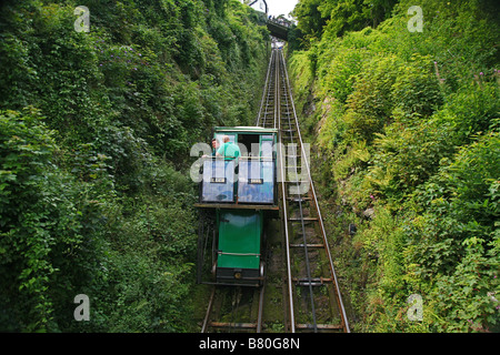 One of the cars on the Lynton & Lynmouth Cliff Railway makes the ascent from Lynmouth to Lynton in North Devon, England UK Stock Photo