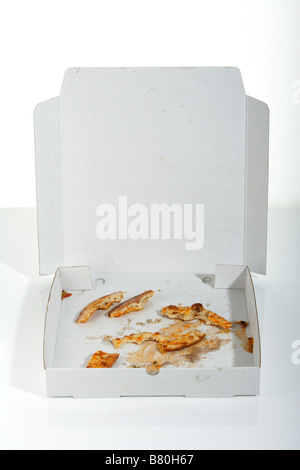 remains of eaten take away pizza crusts in an open pizza box on a white background Stock Photo