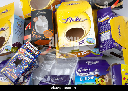 pile of various empty easter egg boxes packaging and cartons from uk manufacturers Stock Photo