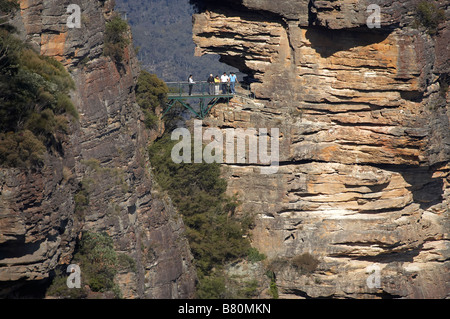 Tourists on The Three Sisters Echo Point Katoomba Blue Mountains New South Wales Australia Stock Photo
