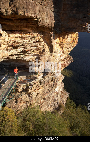 Tourist on The Three Sisters Echo Point Katoomba Blue Mountains New South Wales Australia Stock Photo