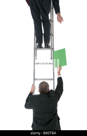 Two businessmen on a ladder one passing a file to the other isolated on a white background Stock Photo