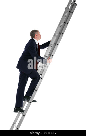 Side view of a businessman climbing a ladder isolated on a white background Stock Photo