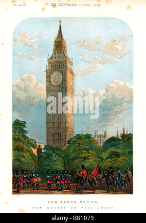 The Clock Tower Houses of Parliament 1859 print of the newly built home of Big Ben bell and the British legislature Stock Photo