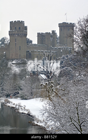 Warwick Castle with snow in winter, Warwickshire, England, UK Stock Photo