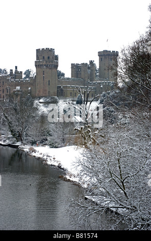 Warwick Castle with snow in winter, Warwickshire, England, UK Stock Photo