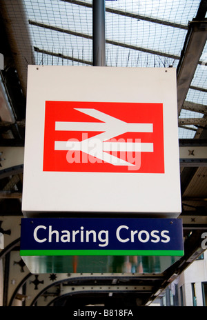 Sign and railway logo of Charing Cross station, London, England, UK