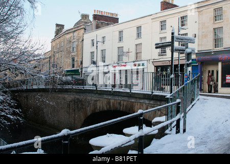 The Bridge in Frome has shops and offices built across it, the bridge spans the river Frome. Stock Photo