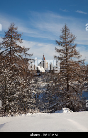 Winter Christmas Card Scene of Crathie Kirk or Church, in the Scottish village near Balmoral, Royal Deeside, Cairngorms National Park, Scotland UK Stock Photo