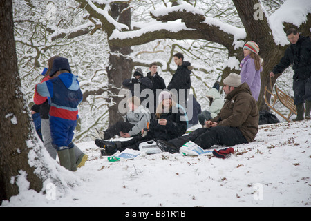 Family picnic in snow Richmond Park London winter 2009 Stock Photo