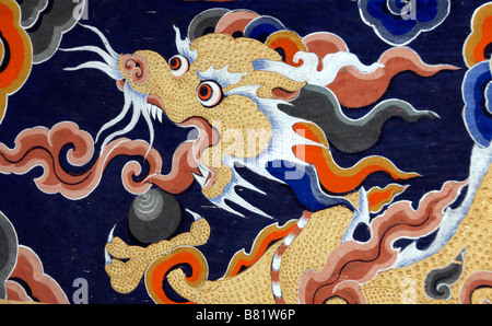 Representation of a dragon painted in traditional Bhutanese style. Stock Photo