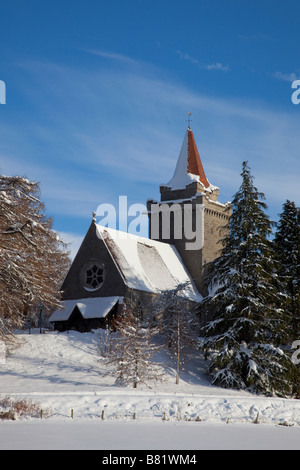 Winter Christmas Card Scene of Crathie Kirk or Church, in the Scottish village near Balmoral, Royal Deeside., Cairngorms National Park, Scotland UK Stock Photo