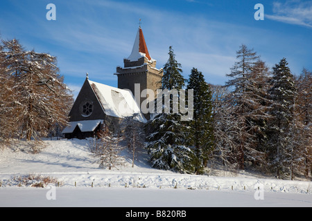 Winter Christmas Card Scene of Crathie Kirk or Church, in the Scottish village near Balmoral, Royal Deeside, Cairngorms National Park, Scotland UK Stock Photo