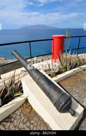 Cannon at Miradouro Padrao, island Brava in the background, viewpoint, Sao Filipe, Fogo Island, Cape Verde, Africa Stock Photo