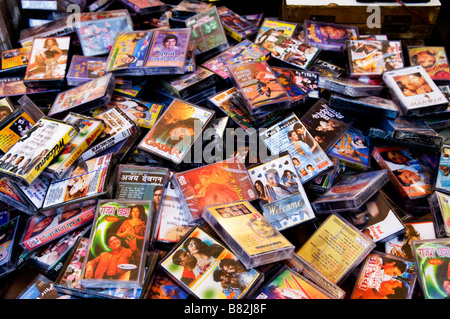 bollywood movie soundtracks on sale in a local market in India. all this tapes are part of the black market industry. Stock Photo