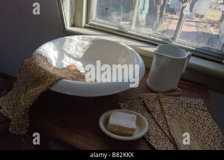 Historic water wash bowl and soap in the house where Andrew Johnson, 17th president of the United States, was born Stock Photo