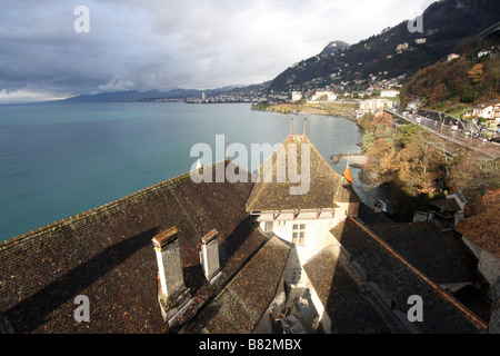 View of Lac Léman, Suisse, over the roofs of Chillon castle Stock Photo