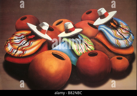 Indigenous women and urns on typical Andean style oil painting in market , Bolivia Stock Photo