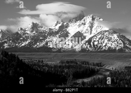 The Grand Tetons part of the Rocky Mountain Range Wyoming Rockies and the Snake River featuring Mt. Moran in Black and White Stock Photo