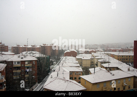 View of one of the north western districts of Madrid, Spain, roofs covered in snow Stock Photo